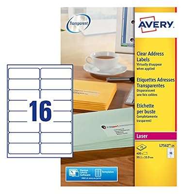 Avery Ref L7562-25 Étiquettes adresse transparentes Laser 99,1 x 33.9 mm 16 étiquettes/feuille 400 étiquettes total (Import Royaume Uni)