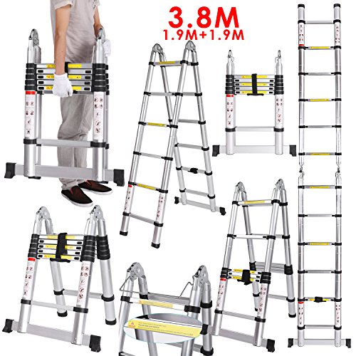 Homdox Klappleiter Anlegeleiter Teleskopleiter mit Rutsch-Gummi Stahl-Sicherungsstiften Mehrzweckleiter Stehleiter Ausziehbar Klappbar 150 kg aus Aluminium (3.8M)