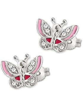 CLEVER SCHMUCK Silberne Ohrstecker Schmetterling 8 x 6 mm teils rosa und rot lackiert und viele Zirkonias glänzend...