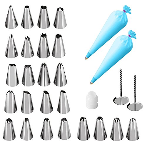Spritztüllen Russisch Tüllen Set 24pcs Garniertülle, 2 Spritzbeutel, 2 Silikongebäckbeutel und 2 Edelstahlnägel für Kuchenverzierung