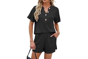 OLIPHEE Mujer Conjunto Waffle Dos Piezas Pantalones Cortos y Top Camisa Con Botones Traje de Punto Conjunto de Pijama Casual Moda Color Sólido