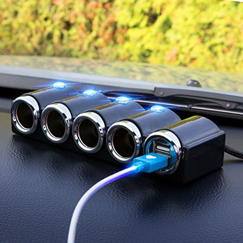 KFZ 12V/24V Auto Verteiler 6 Fach – 4x Zigarettenanzünder Adapter mit 2x USB Ladegerät 120W für Handy Smartphone GPS Navigation – Ladesteckdosen LED - 4