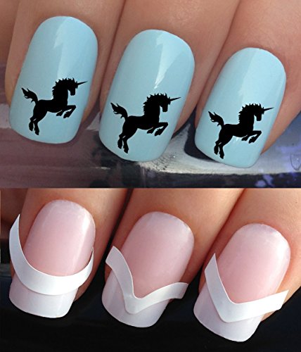NAIL DECALS WATER TRANSFERS STICKERS ART SET #301 & 172. **plus x48 nail tip guides!!** x24 FANTASY MYTHICAL CREATURE UNICORN SILHOUETTETATTOO WRAPS & x48 FRENCH MANICURE TIP GUIDES! CAN BE USED WITH NATURAL GEL ACRYLIC STICK ON NAILS! OR WITH GLITTER DUST CAVIAR BEADS ALLOYS DECORATIONS CONFETTI FIMO SHAPES TAPE PENS RHINESTONES!