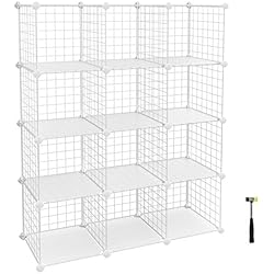 SONGMICS Armoire de Rangement, Étagère, Panneaux en Treillis, 4 Niveaux, 3 Rangs, Grande capacité, Maillet en Caoutchouc Offert, Dimensions 93 x 31 x 123 cm (L x l x H), Blanc LPI34W