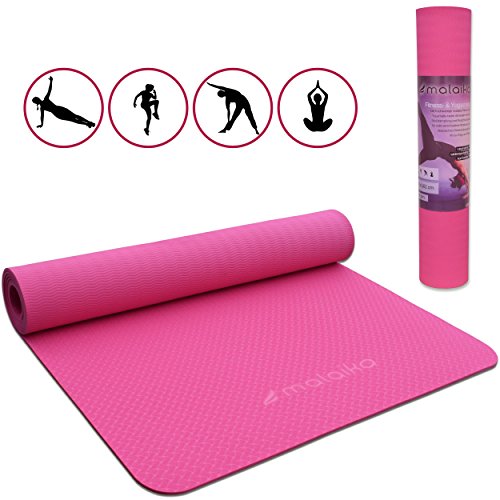 malaika | Yoga- und Fitnessmatte, Sportmatte | für Yoga, Pilates, Funktionales Training uvm. | inkl. Halte-Gurt, rutschfest, umweltfreundlich | in pink | 183*61cm