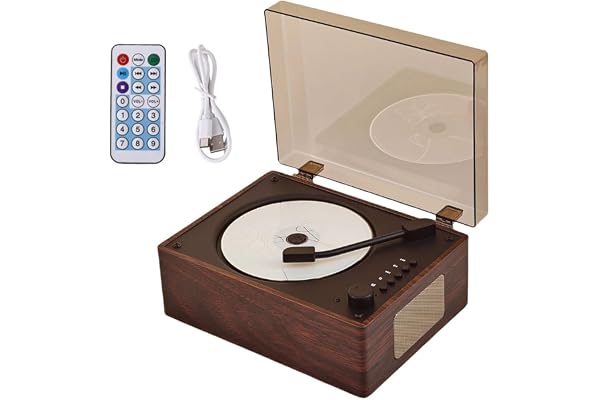 Lecteur CD Portable, Bluetooth avec Haut-parleurs, Petit Lecteur DVD Vintage avec Télécommande, Support USB/AUX/Type-C, Lecteur de Musique Rechargeable, Lecteur CD de Bureau AUX de 3.5 mm (Noix)
