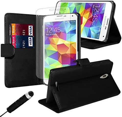 iJQ - Black Premium PU Leather Side Wallet Case Cover For Samsung Galaxy Note 4 With Card Slots And Built in Stand Plus Screen Protector And Screen Stylus Pen