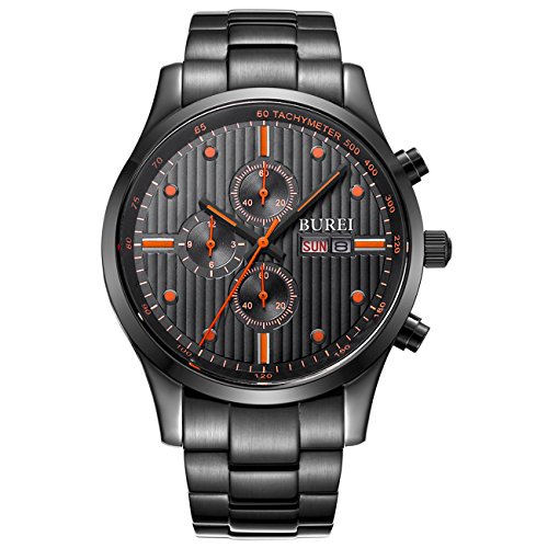 BUREI Chronograph Schwarz Herrenuhr Edelstahl Saphirglas Herrenuhr mit Tag Datumsanzeige und Tachymeter Geschenke für Männer