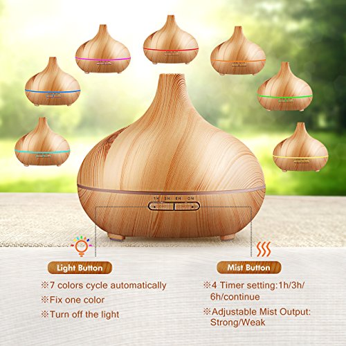 Aroma und Duft Öl Verteiler mit 300ml Kapazität und 30ml/h Feuchtigkeitsabgabe. Neuer Holz Optik Luftbefeuchter, extrem leise durch Ultrasonic Technologie mit 7 farbigen LEDs, 4 verschiedenen Zeit Einstellungen und automatischen Power off ohne Wasser für Bad, Yoga, Zuhause oder Büro - 2