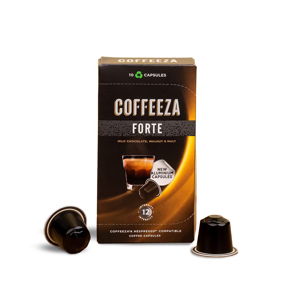 COFFEEZA Forte Aluminium Coffee Capsules, Intensity 12/10 - Nespresso Compatible Coffee Pods (Box Of 10), 90 Gram