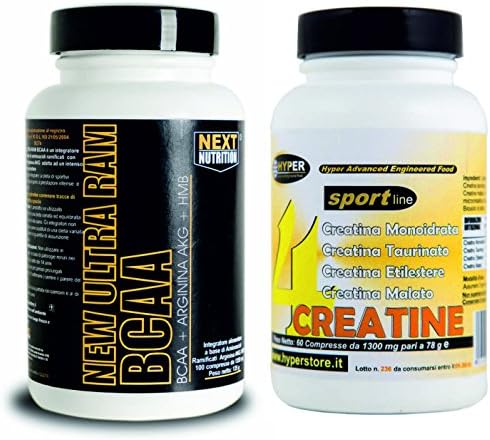 Supplements KIT consists of 1 package 200 tablets - 270 grams of HMB and Branched Chain Amino Acids enriched with Arginine Alpha Keto Glutarata , 1 box Hyper New Creatine (60 tablets - 78 gr) Formulation innovative and exclusive. 4 different types of creatine. Creatine Monohydrate, Creatine ethyl ester, Creatine Malate, Creatine taurinate. Best assimilation, less reduction in water supply. Ideal for strenuous sports, to increase sports performance. Great for: Cycling, Bodybuilding, Triathlon, Running, Marathon, Soccer, Swimming