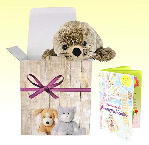 Preisvergleich Produktbild Warmies Geschenkset - Kuscheltier Minis Robbe mit Lavendelduft Wärmekissen + Edle Geschenkverpackung + Büchlein mit spannenden Kindergeschichten