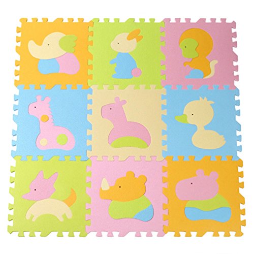 9 Pcs Cute Animal EVA Foam Play Mats Floor Puzzle Crawling Play Game Mat for Baby Kids Childre Toddlers -Bright Color,Environmental Material, Safe to Use (Animal A)