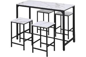 Rainbow Tree 5Pcs Bar Table and Stools Set, Kitchen Breakfast Bar Table and Chairs Set 4, Bar Table Sets for Kitchen, Dining Room, Pub, Cafe (White Marble with 4 Stools)