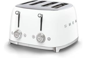 Smeg, Tostapane 4x4 TSF03WHEU, 4 Scomparti per 4 fette, 6 Livelli di Doratura, Funzione Riscaldamento, Scongelamento e Bagel, Espulsione Automatica del Pane, 2 Cassetti Raccoglibriciole, 2000W, Bianco