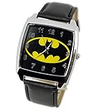Taport eckige Armbanduhr Batman, Quarzuhr, schwarzes Uhrenarmband aus Echtleder, mit Ersatzbatterie und Geschenktasche