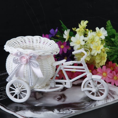 Handmade Rattan Blumen Dreirad Fahrradkorb Körbe für Blumenvase Lagerung Dekoration (weiß Rosa) - 7