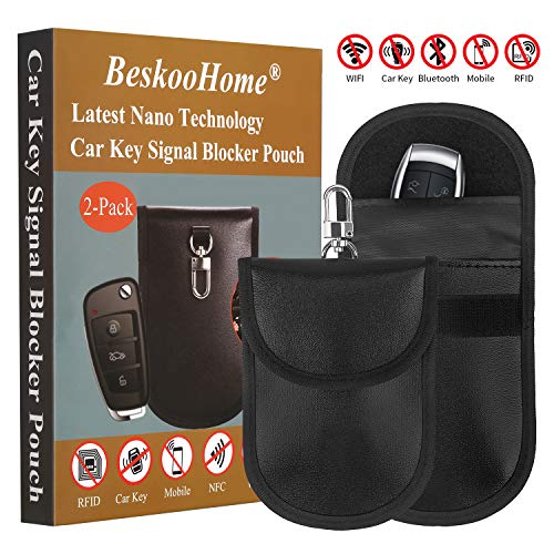 2 x BeskooHome Faraday Bag For Car Keys - [HOOK DESIGN] RFID Key Pouch Anti-Theft Car Key Signal Blocker, Car Security, Artificial PU Leather, Blocks RFID/WIFI/GSM/LTE