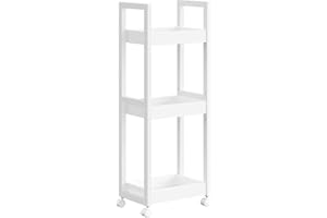 ‎SONGMICS SONGMICS Rollwagen, Badregal, Badezimmerregal mit 3 Ebenen, Nischenregal Bambus, Regal schmal, Nischenwagen auf Rollen, platzsparend, 20 x 30 x 80 cm, weiß BCB083W01