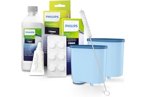 Kit d'entretien pour machines à café Philips - détartrant 250 ml, graisse lubrifiante HD5061, dégraissant café CA6704/10 + Sillar 2x remplacement filtres à eau pour CA6903, brosse de nettoyage