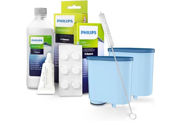 allroundvårdsset för helautomatiska kaffemaskiner, avkalkningsmedel 250 ml, smörjfett HD5061, kaffefettlösare CA6704/10 + 2x Sillar vattenfilter ersättare för CA6903 rengöringsborste