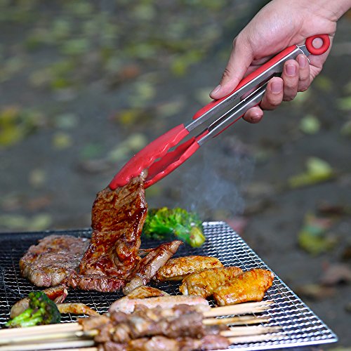TTLIFE 2PCS Silikon Grillzange Küchenhelfer Mehrzweck Edelstahl Küchenzange Bratenzange BBQ Brot Tongs perfekt für Küchen Restaurant Camping9’+12’(Rot) - 5