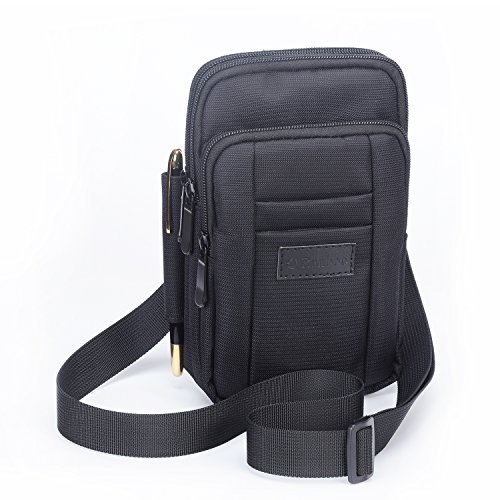 Preisvergleich Produktbild Handy Umhängetasche, Hengwin Stoff Handytasche Hüfttaschen Gürteltasche Mini Herrentasche mit Karabiner Clip Gürtelschlaufe für iPhone 7 Plus 6S Plus 6S 7 Huawei Mate 8, Schwarz