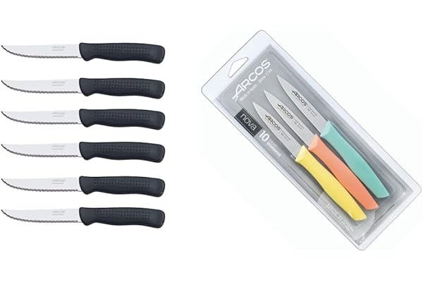 Arcos Serie Cuchillos de Mesa Chuleteros, Mango de Polipropileno, Hoja 110 mm, Apto para Lavavajillas, Negro, 6 Piezas (705500) & Nova, Set 3 Cuchillos Mondadores, Acero Inoxidable, Multicolor, 85 mm