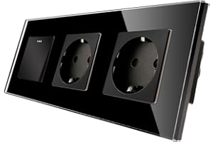 CNBINGO Solecke Doble con interruptor de luz, con placa de vidrio, moderno interruptor de pared Negro de vidrio cristalino, con material fluorescente, interruptor de 1 bandas de 1 vía, 10A 250V