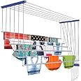 Homewell Life Ceiling Cloth Dryer for Balcony Pulley Hanging Wall Mounted Wet Clothes Drying Hanger Stand Stainless Steel Rod with Nylon Ropes PVC Bracket (8 FEET X 6 Pipes)