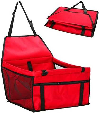 Car Booster Seat Carrier Bag for Dogs, Car Cushion Mats Covers Protector Basket Travel Cage Bag with Clip-On Safety Leash &amp; Zipper Storage Pocket Waterproof Breathable For Cats by Guizen. (Red)
