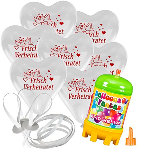 Helium Ballon Set Hochzeit – Just Married – Frisch verheiratet oder 2 Herzen in Rot und Weiß – 10-500 Ballons 30cm Durchmesser + Heliumflasche + Ballonverschlüssee - 3