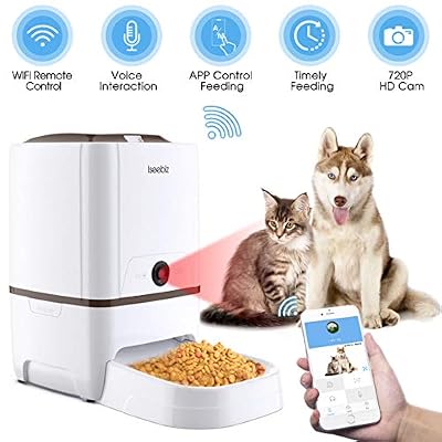 Iseebiz 6L Distributeur Automatique de Nourriture pour Animaux de Compagnie avec Caméra Rappel Vocal et Programmateur 6 Repas par Jour pour Chien Chat
