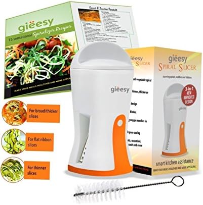Spiralizer 3-in-1 Portable Handheld Spiral Slicer by Gieesy +Recipe Booklet &amp; Cleaning Brush. Perfect Gift Item!