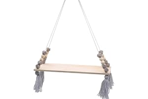 huahuo Wooden Display Floating Wall Hanging Rope Nordic Shelf Swing Hanging Shelf for Living Room Children’s Room and Garden (Gray)