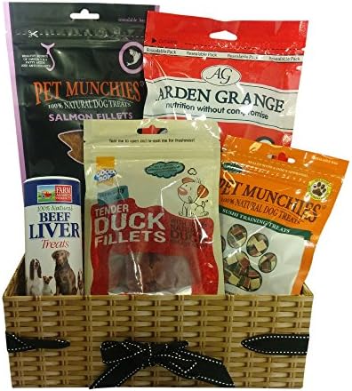Dog Birthday Gift Basket - A dog gift hamper with fish and meat treats. The hamper contains Arden Grange Chicken Treats, Pet Munchies Sushi Training Treats, Good Boy Tender Duck Fillets, Natural Pet Beef Liver Treats, Pet Munchies Salmon Fillets.