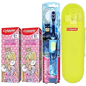 Colgate Kids Batman Battery Power Toothbrush - 1 Pc + Colgate Anticavity Kids Barbie Toothpaste (6+ years)(2x80g) + Toothbrush/Toothpaste Container Hard Plastic Case
