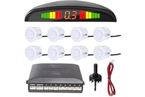 MOCNT Kit de Sensor de Aparcamiento Coche 8 Sensores de Aparcamiento Sistema Radar Inverso Traseros Sensores de Estacionamiento Marcha Atrás Alarma de Sonido Monitor Blanco