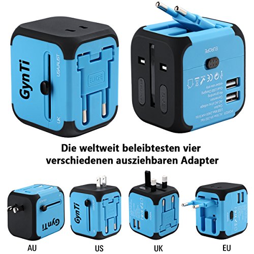 Universal Reiseadapter USB Ladegerät Ladeadapter für US UK AU EU multinationaler ladestecker universal Netzteil mit Dual USB und Schmelzsicherung (Blau) - 2