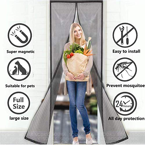 Preisvergleich Produktbild SODKK Magnetischer Fliegenvorhang Moskitonetz, Insektenschutz Tür mit Klettband, Hände frei, Klebemontage Ohne Bohren, Passt Türgröße bis zu - Schwarz 155x180cm(61x70inch)