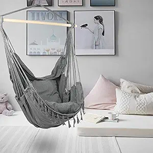 PROSFIA Large Hammock Chair | Hanging Rope Swing Seat for Indoor & Outdoor | Soft & Durable Cotton Canvas | 2 Cushions Included with Pocket for Bedroom, Patio, Porch (Grey)