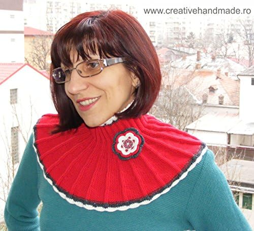 Red wool scarf, woman knitting collar, handmade wool neck, winter warm scarf with crocheted flower, knit collar, gift for her, birthday present