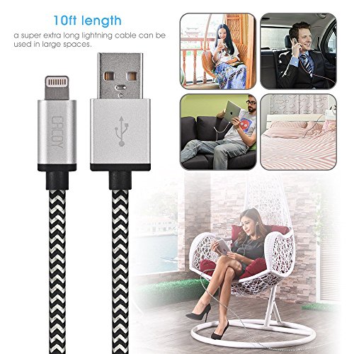 Lightning auf USB Kabel 3m, CACOY iPhone Ladekabel Nylon Geflochten – Apple MFi zertifiziert – für iPhone 7 / 7 Plus / SE / 6S / 6S Plus / 6 / 6 Plus / 5S / 5C / 5 , iPad Air / Air 2, iPad mini / 2 / 3 / 4, iPad Pro – Weiß und Schwarze - 5