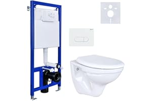 Belvit Hänge WC Komplettset - Basic Vorwandelement + Wand Toilette Weiß Tiefspüler mit Toilettendeckel mit Absenkautomatik + Betätigungsplatte + Schallschutz
