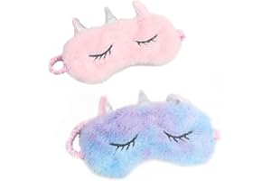 QUESUC Lot de 2 Animaux Masque de Sommeil,adultes enfants femmes 3D mignon licorne en peluche dessin animé licorne animal masque pour les yeux endormis pour voyage sieste nuit