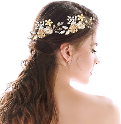 Handcess Wedding Hair Side Comb Flower Opal Rhinestones Crystal Gold Vintage Hair Clips Comb for Brides and Bridesmaids (Set of 2)