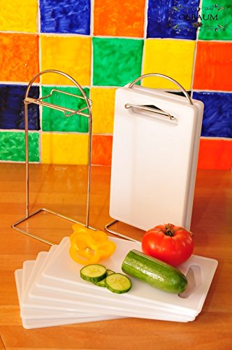 6 x Schneidebrett MIT STÄNDER, Edelstahl / Kunststoff 7-tlg. Set, massive, hochwertige Schneidebrettchen weiß, mit abgerundeten Kanten, Maße viereckig je ca. 25 cm x 15 cm als Bruschetta-Servierbrett, Brotzeitbrett mit Griff, Frühstücksbrett, NEU Bayerisches Brotzeitbrettl, Bruschetta-Pita-Döner-Naan-Roti-Ciabatta-Langos-Chubz-Servierbretter,Massive Schneidebretter, Anrichtebretter, Frühstücksbretter, Brotzeitbretter, Steakteller schinkenbrett rustikal, Schinkenteller von BTV