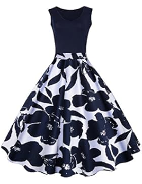 iShine elegant Rockabilly Kleid Damen Knielang V-Ausschnitt 50s Retro Vintage Faltenrock Ärmellos Partykleid Cocktailkleid...