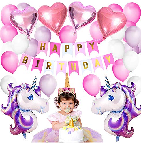 VSTON Einhorn Party Dekoration Ballons Happy Birthday Party Supplies Wimpel Banner Seidenpapier Pom Rosa Blumen Garland für Mädchen Kinder Kind (Schöne Rosa Lila Thema)