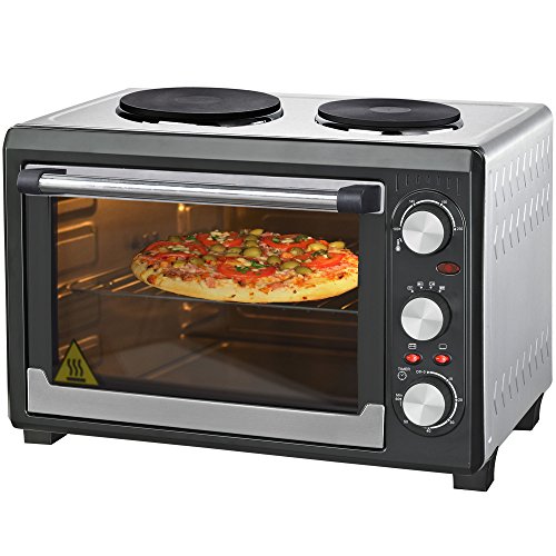 Syntrox Germany 26 Liter Mini Stand Backofen mit Umluft und Drehspieß kleinküche Minieküche mit 2 Kochplatten Miniofen Minibackofen Pizzaofen